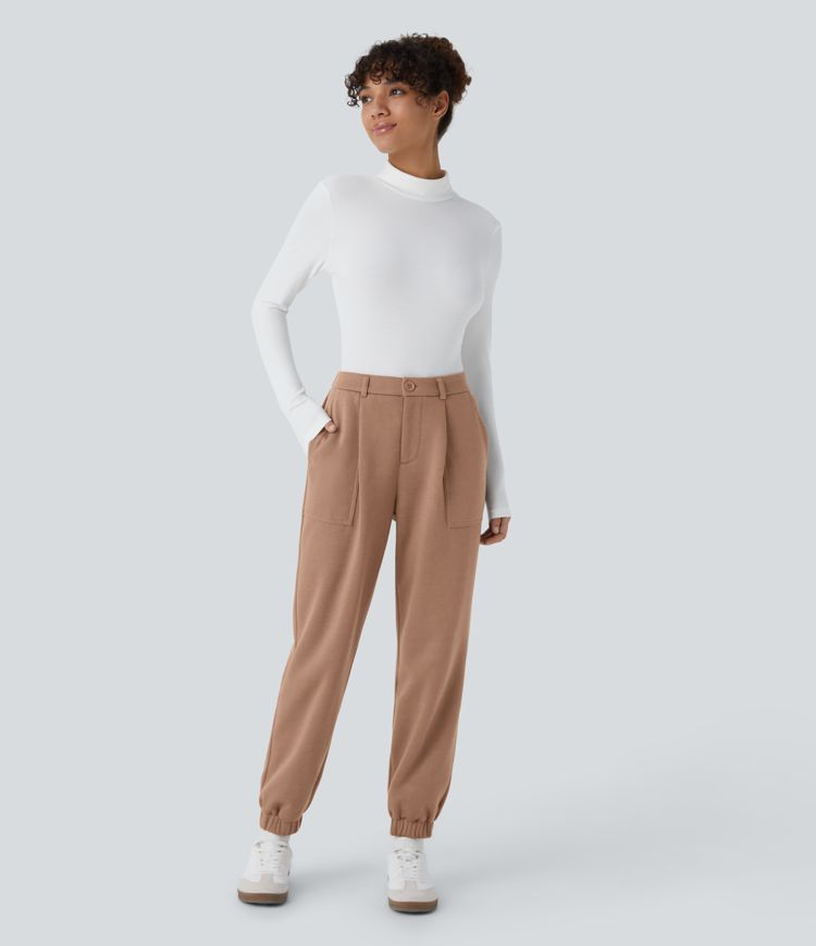 Jogging en polaire taille haute avec poches latérales et fermeture zippée