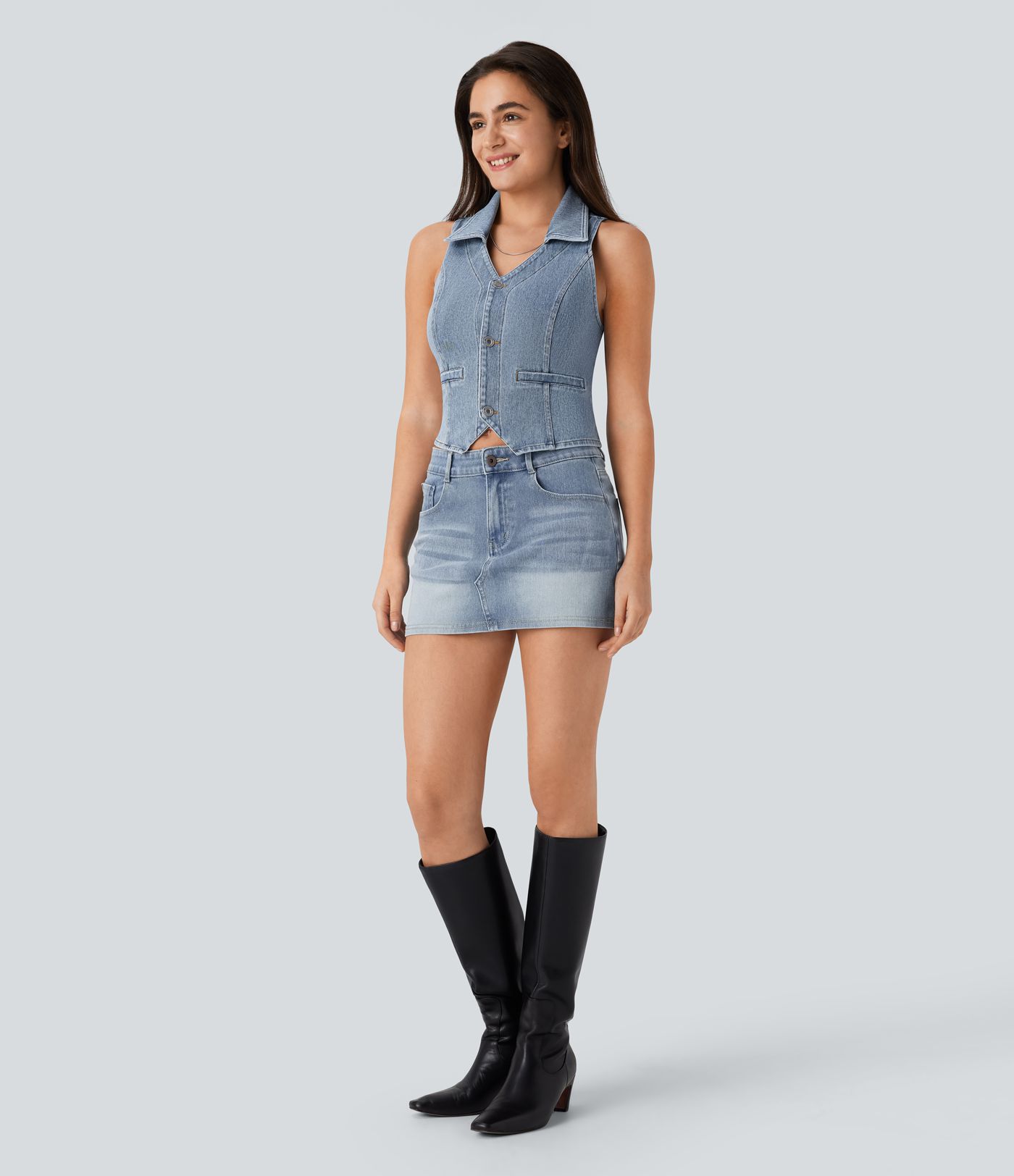 Camiseta Halara Flex™ Denim sin mangas corta mezclilla elástico botón cuello