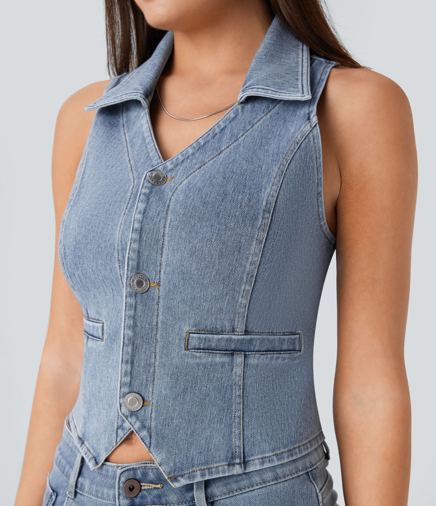 Camiseta Halara Flex™ Denim sin mangas corta mezclilla elástico botón cuello