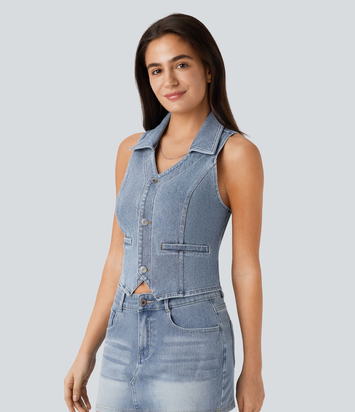 Camiseta Halara Flex™ Denim sin mangas corta mezclilla elástico botón cuello