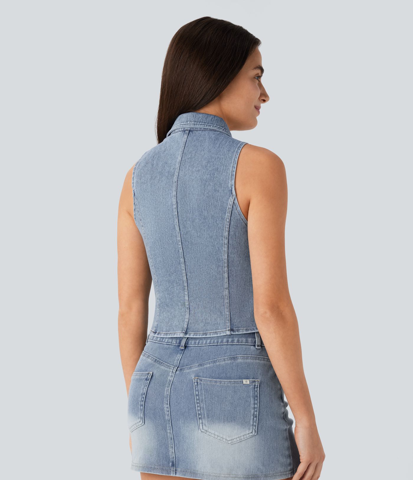 Camiseta Halara Flex™ Denim sin mangas corta mezclilla elástico botón cuello