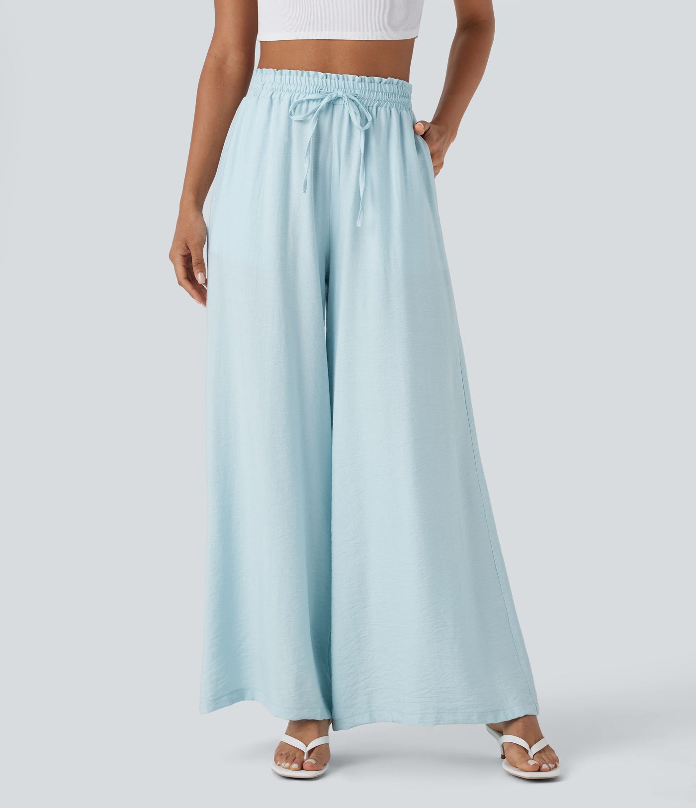 Hohe Taille Kordelzug-Hose mit Taschen, weitem Bein, lässiger Leinen-Look