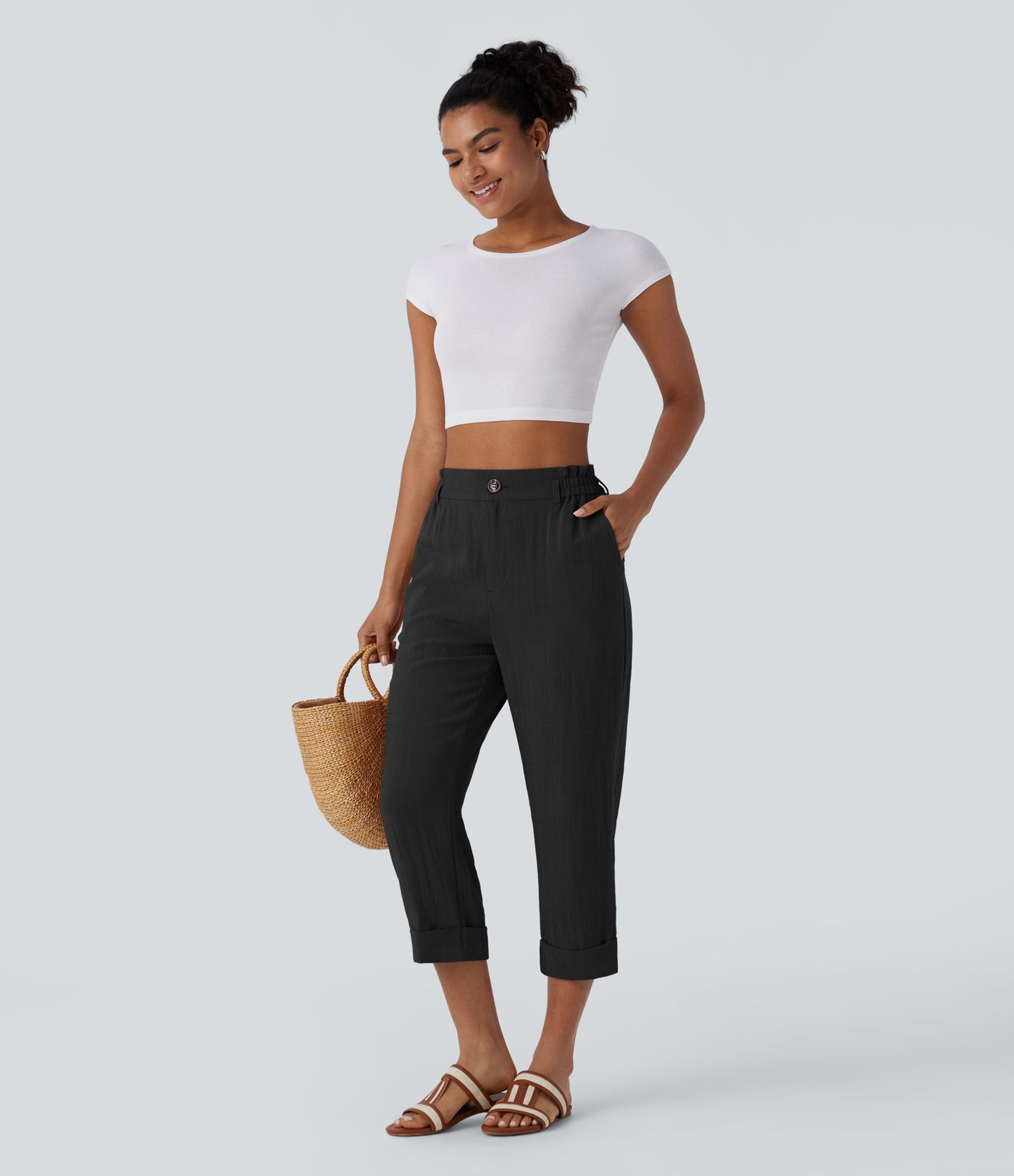 High Waisted Zipper Pocket Capri Linen-Feel Pants
