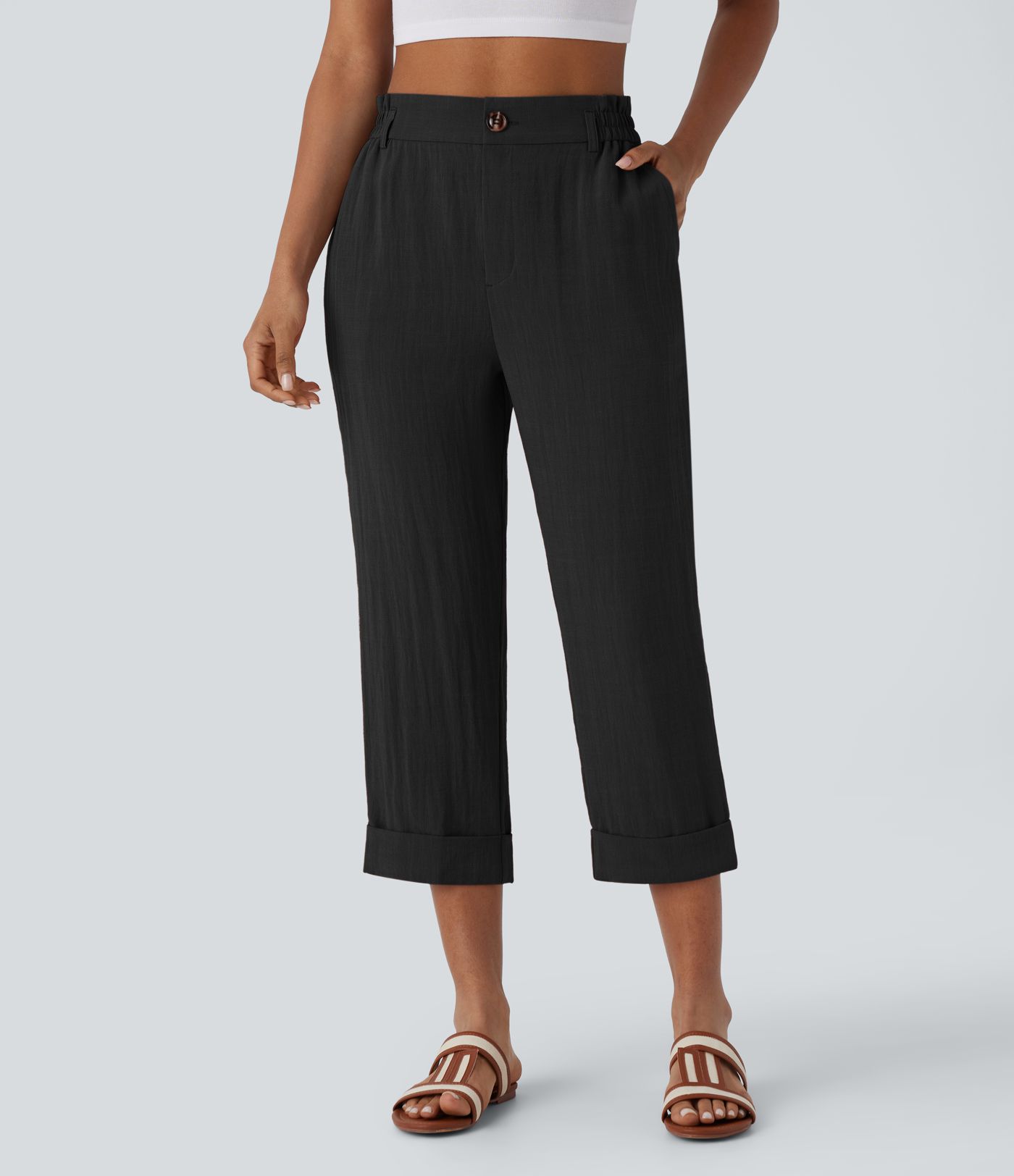 High Waisted Zipper Pocket Capri Linen-Feel Pants