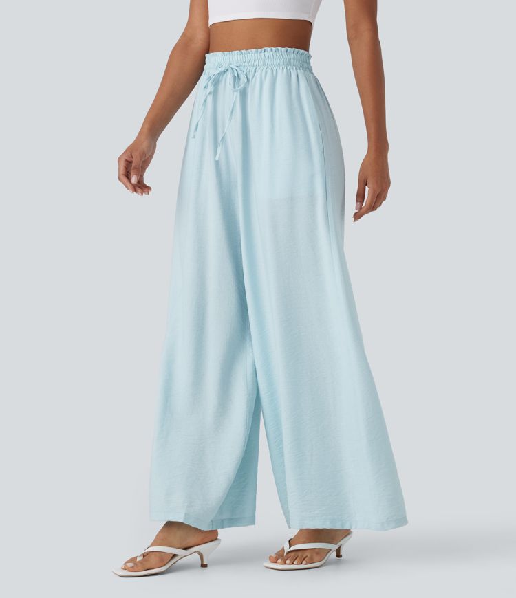 High Waisted Drawstring Pocket Wide Leg Casual Linen-Feel Pants