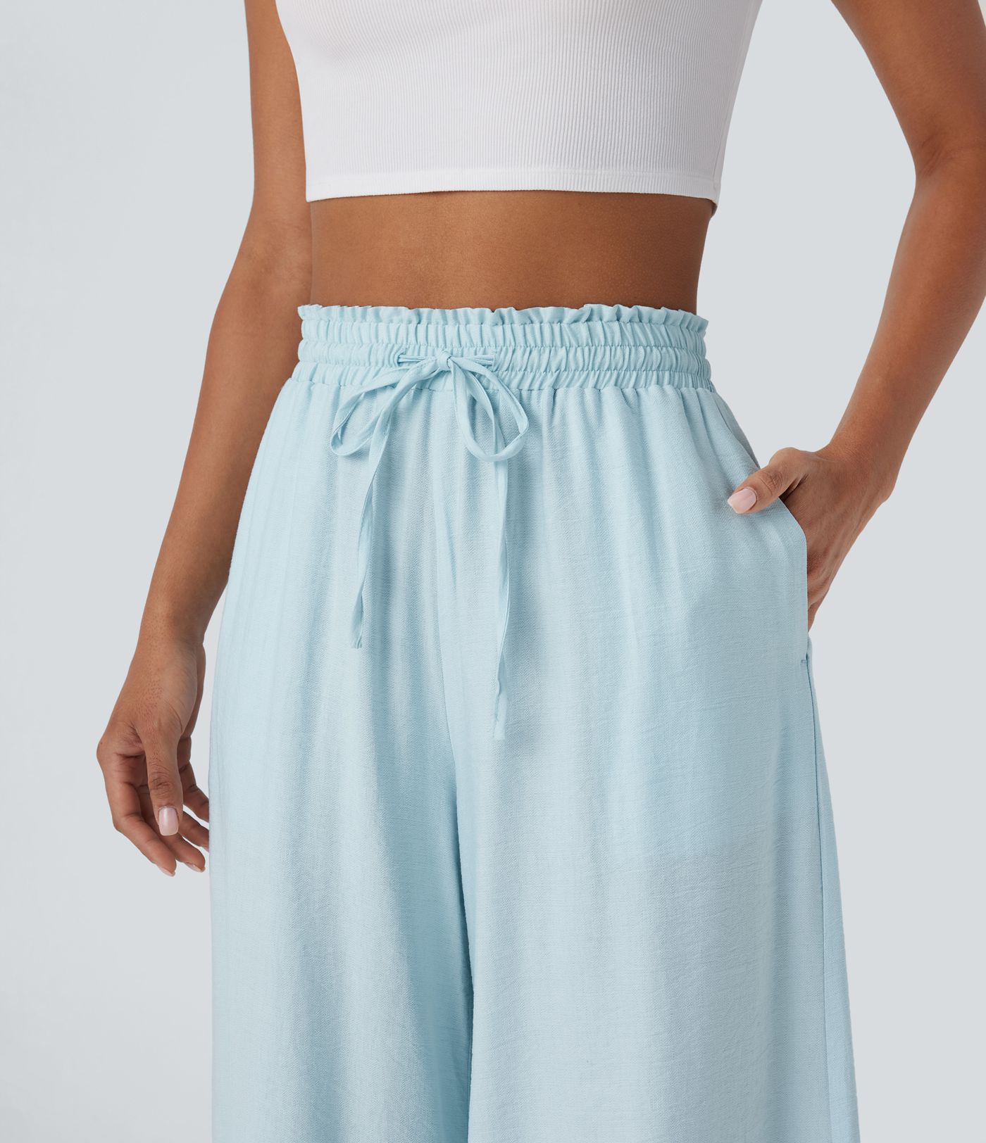 Hohe Taille Kordelzug-Hose mit Taschen, weitem Bein, lässiger Leinen-Look