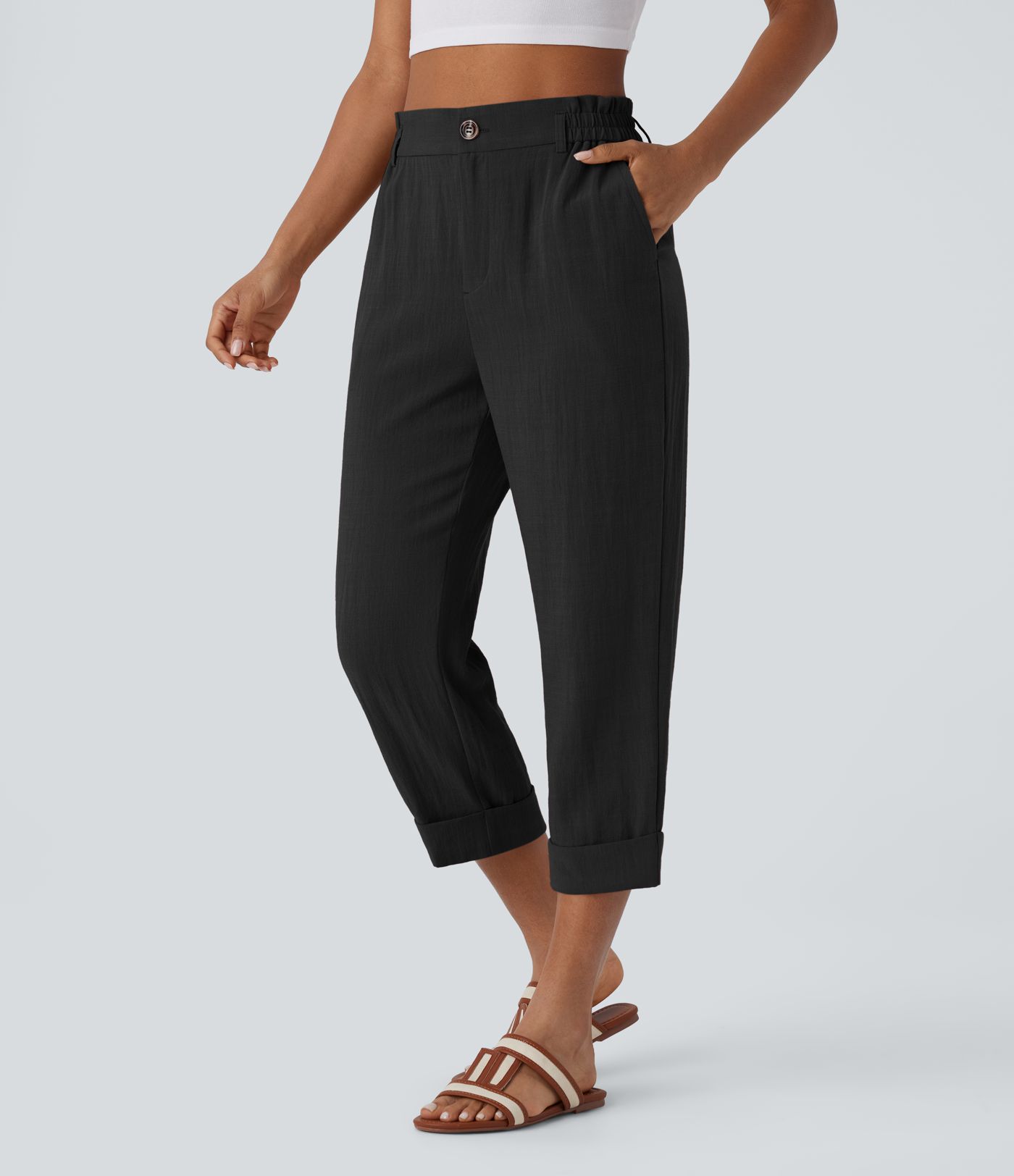 High Waisted Zipper Pocket Capri Linen-Feel Pants