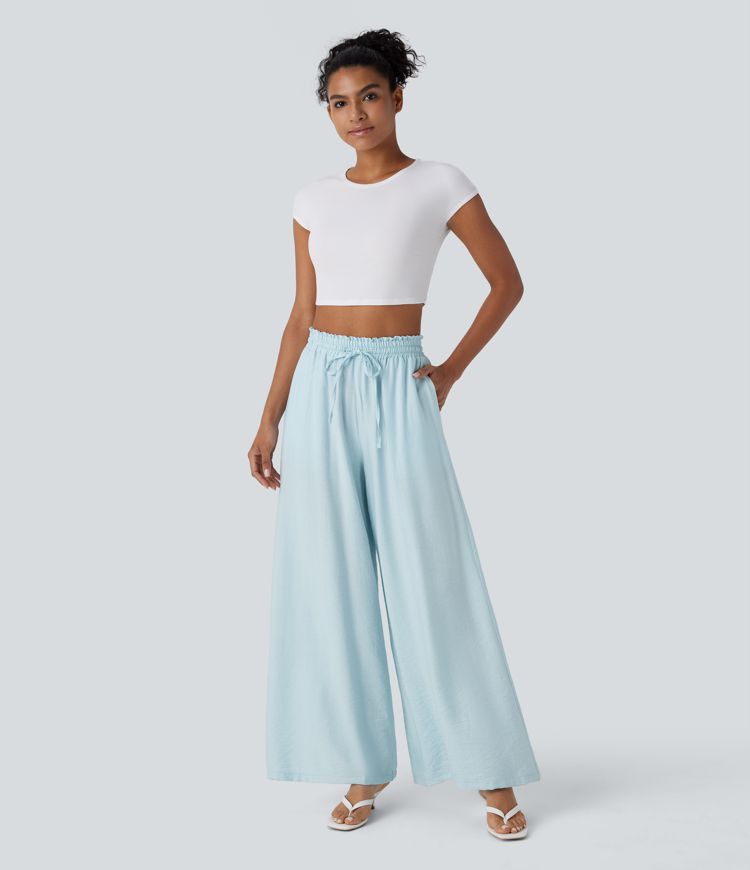 High Waisted Drawstring Pocket Wide Leg Casual Linen-Feel Pants