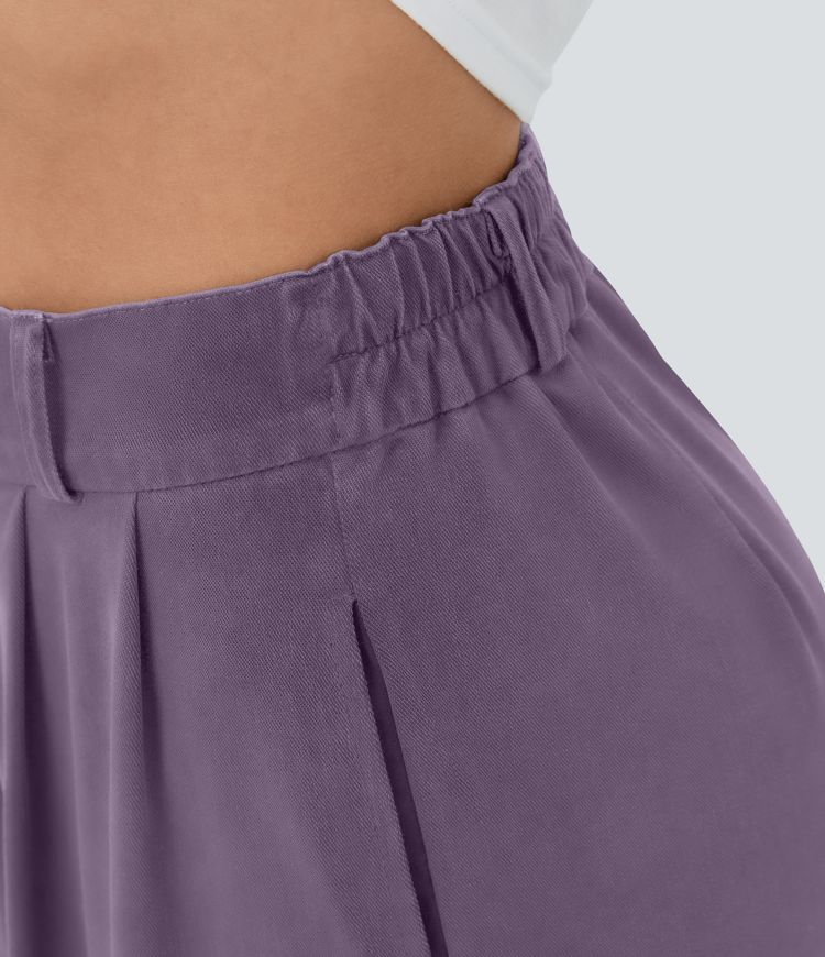 Pantalón ancho tiro alto plisado bolsillo lateral dobladillo dividido cremallera botón