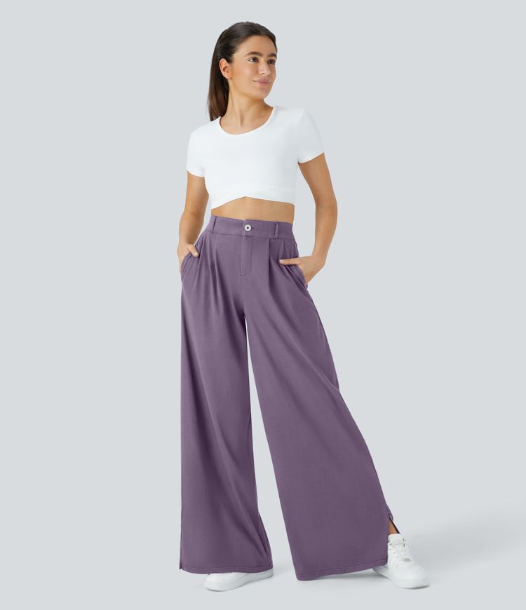 Pantalón ancho tiro alto plisado bolsillo lateral dobladillo dividido cremallera botón