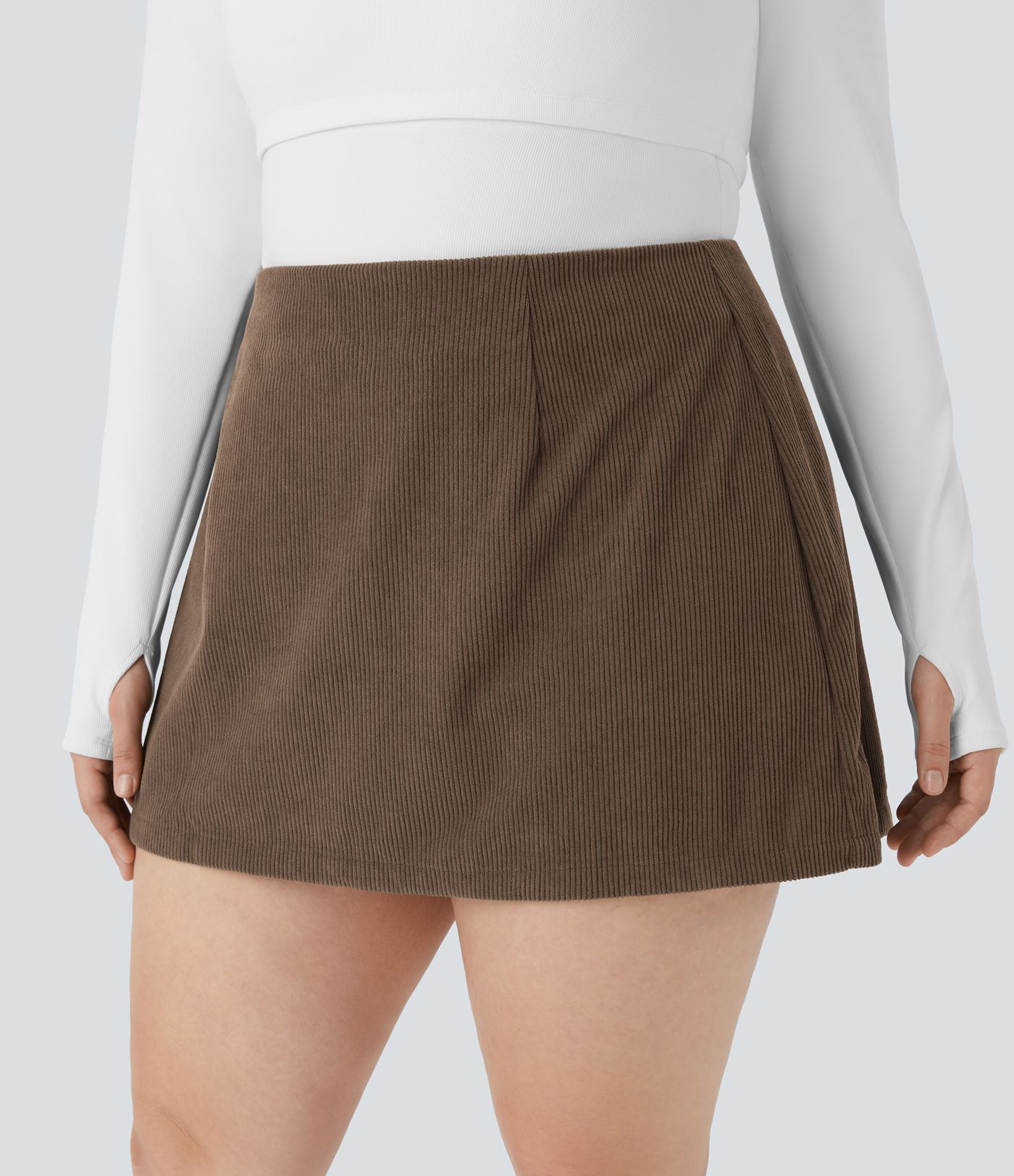 High Waisted 2-in-1 A Line Mini Corduroy Casual Plus Size Skirt