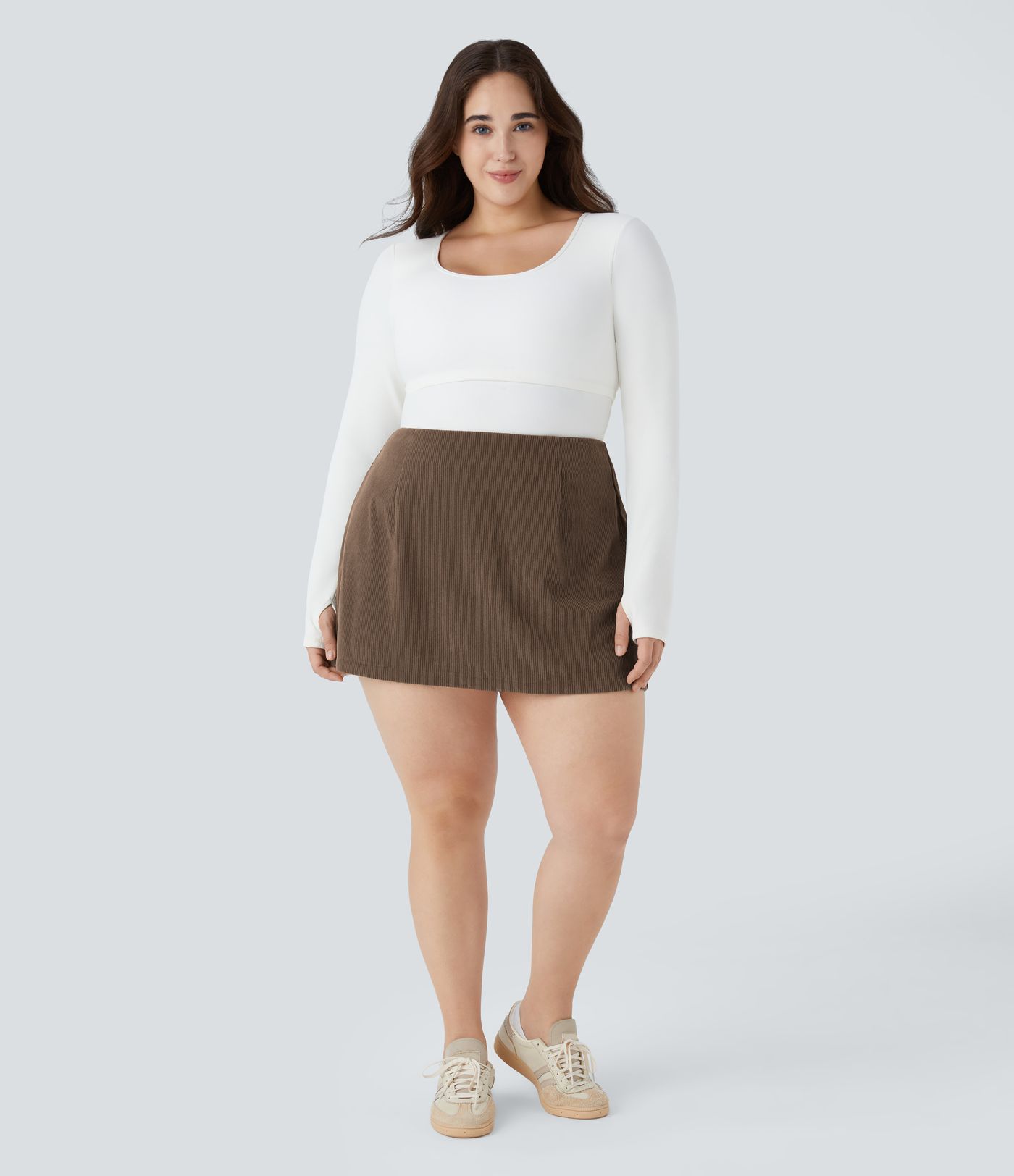 High Waisted 2-in-1 A Line Mini Corduroy Casual Plus Size Skirt