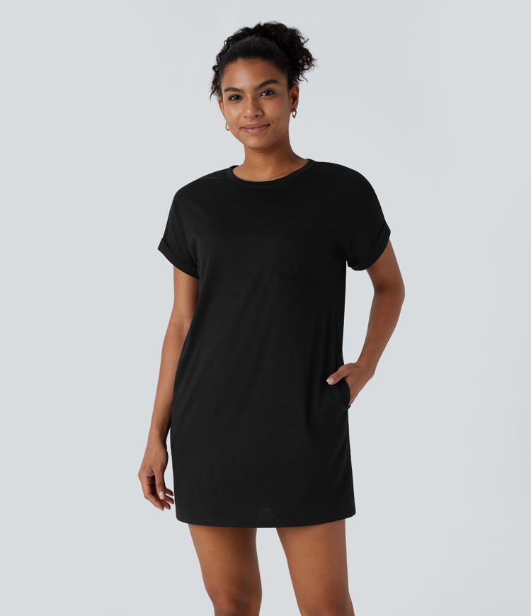 Round Neck Short Sleeve Side Pocket Mini Casual Dress