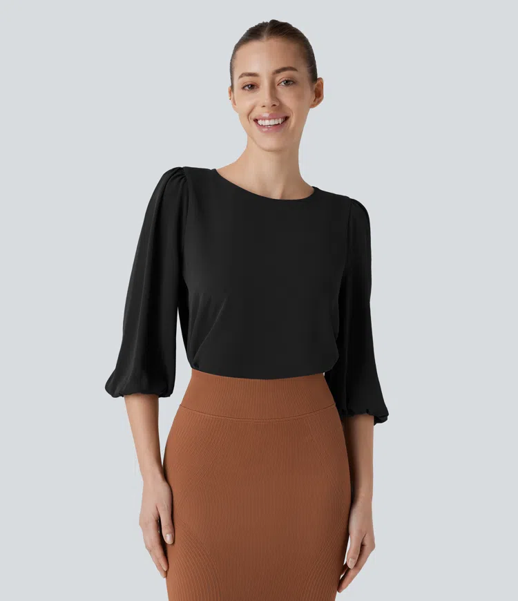 Boat Neck Keyhole Back Bishop Sleeve Work Linen-Feel Blouse