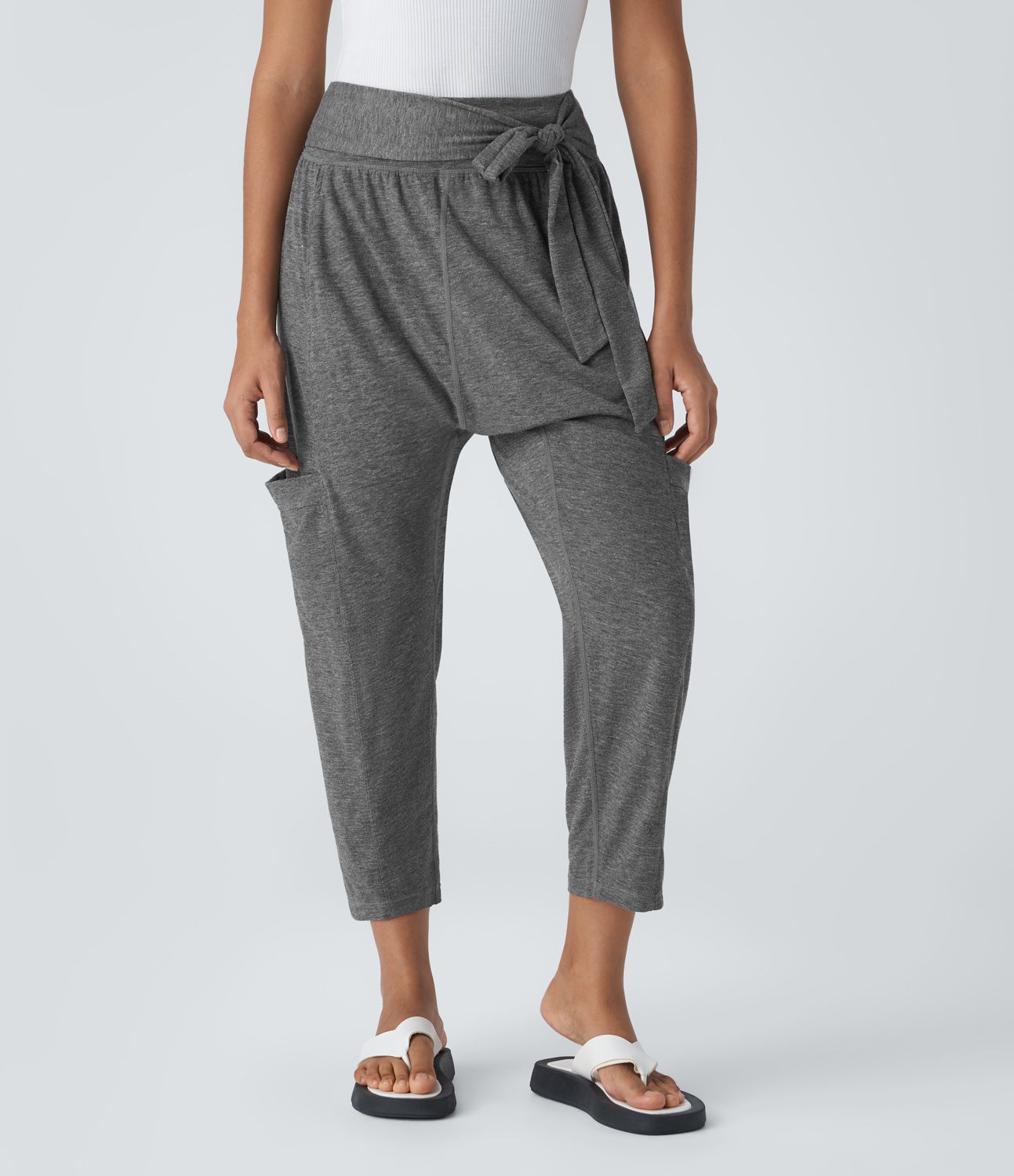 Mid waist design with side tie, multiple pocket casual harem pants