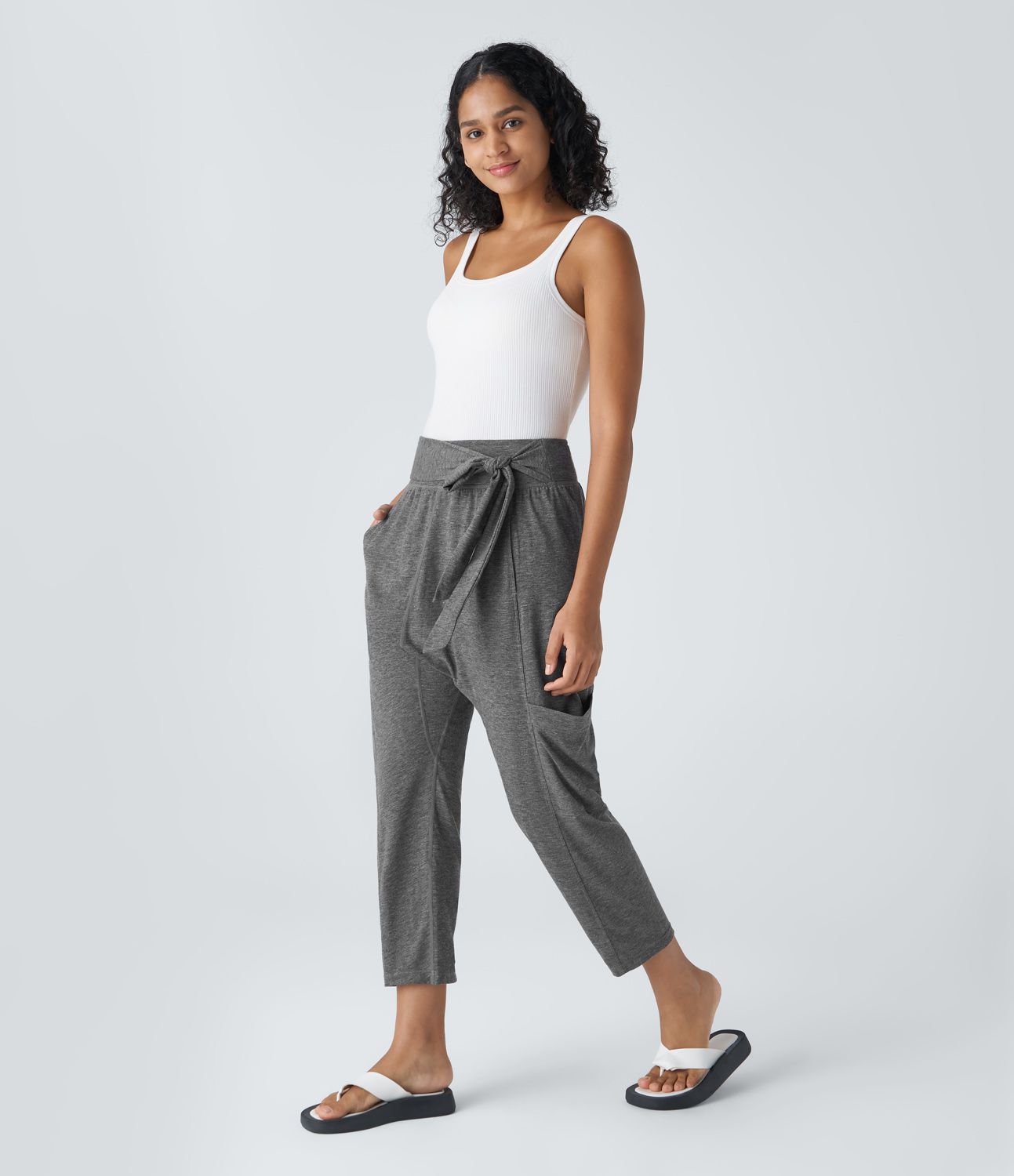 Mid waist design with side tie, multiple pocket casual harem pants