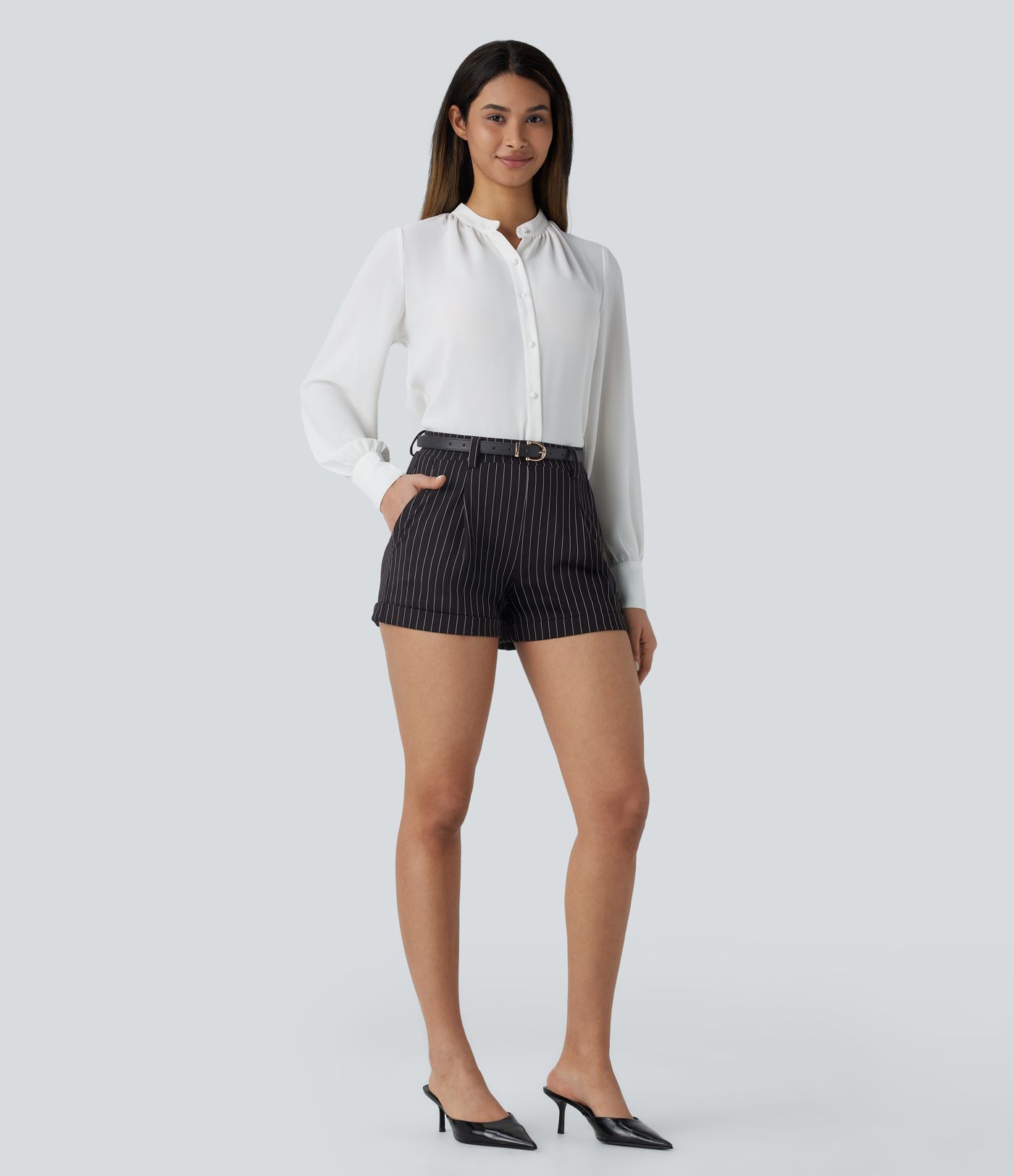 Short rayé de travail 7,5cm taille haute avec poches latérales toucher frais