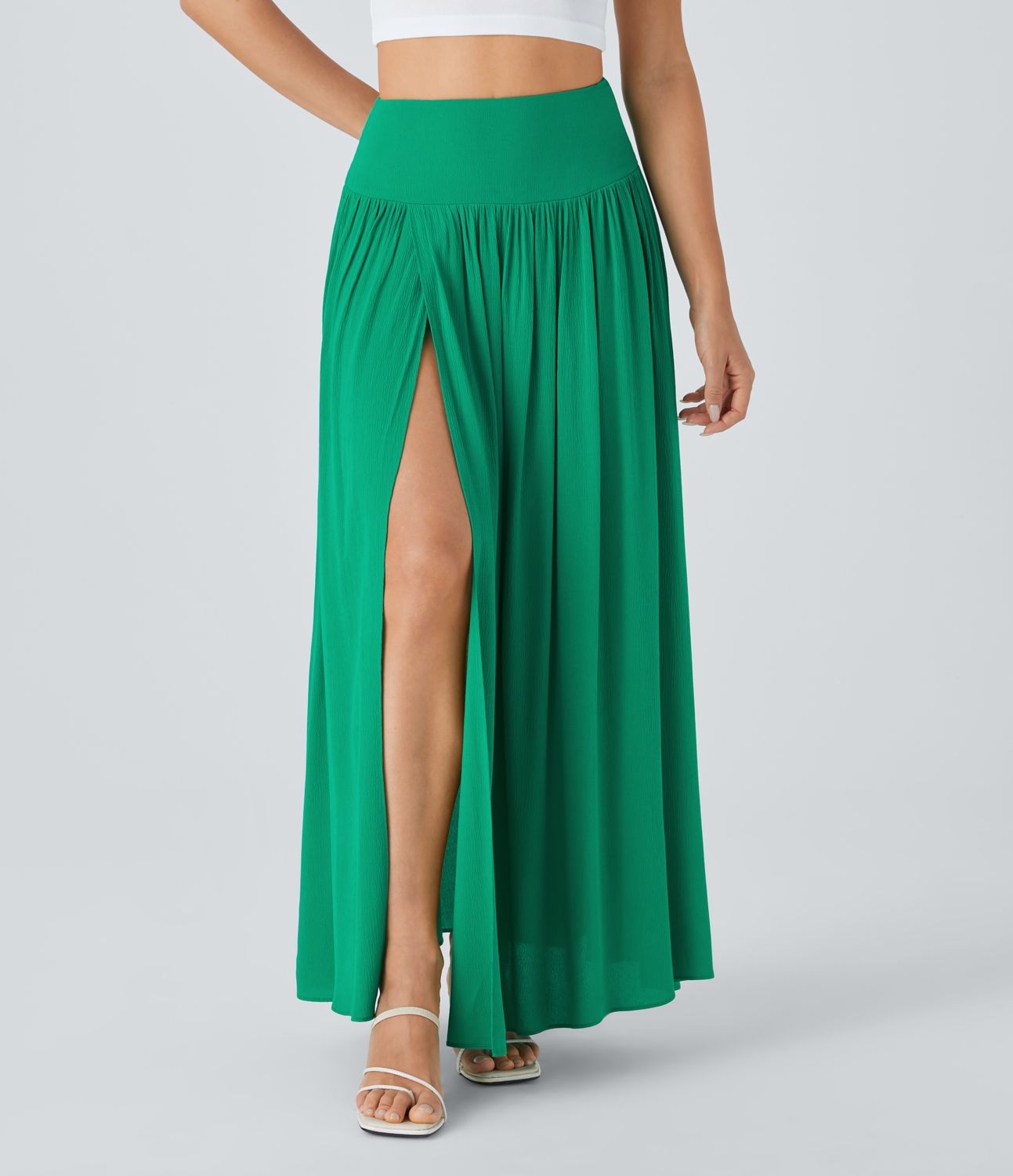 High-waisted pleated split 2-in-1 flowy maxi linen-inspired casual skirt