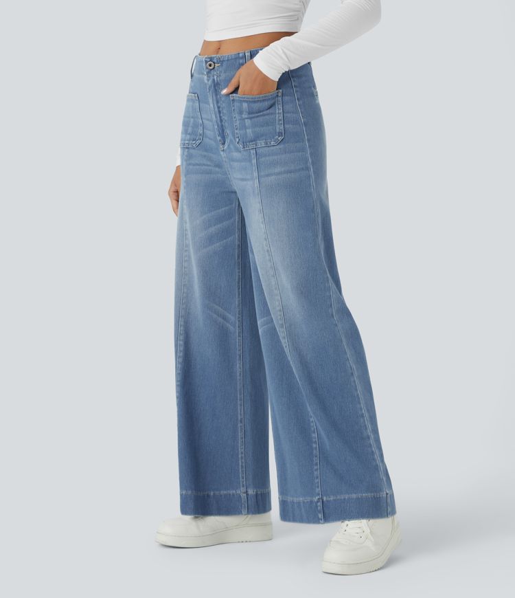 Halara Flex™ srednje visoke oprane casual kavbojke z zadrgo in širokim krojem