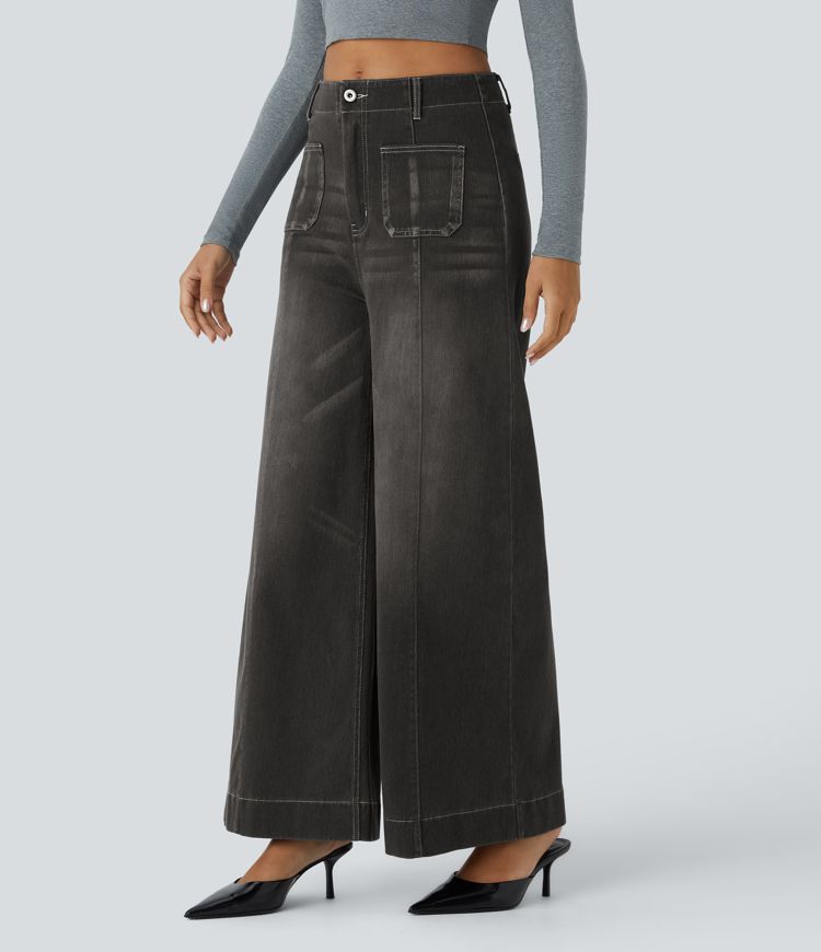 Halara Flex™ Mid Rise Zipper Pocket Wide Leg Washed Casual Jeans