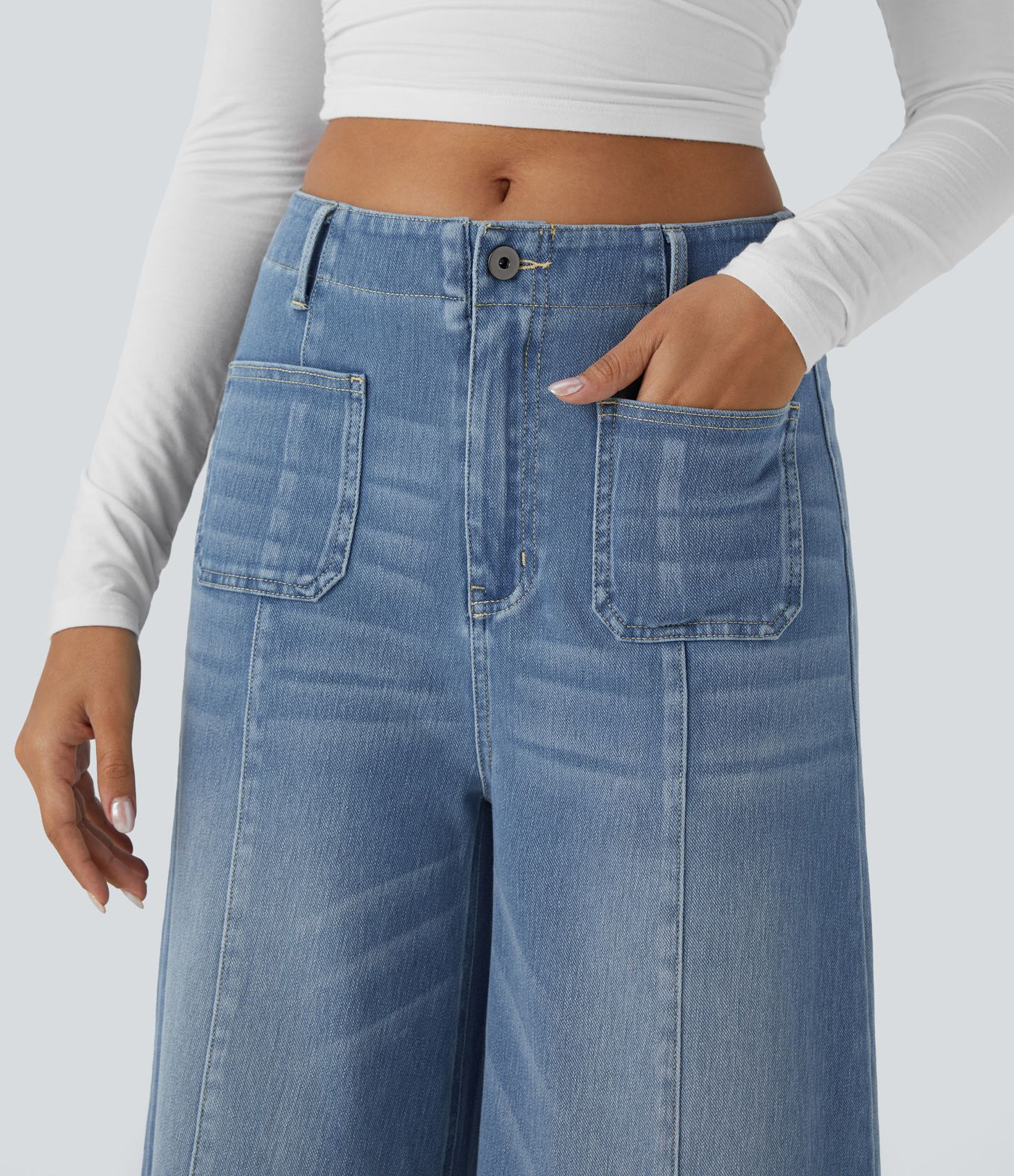 Halara Flex™ srednje visoke oprane casual kavbojke z zadrgo in širokim krojem