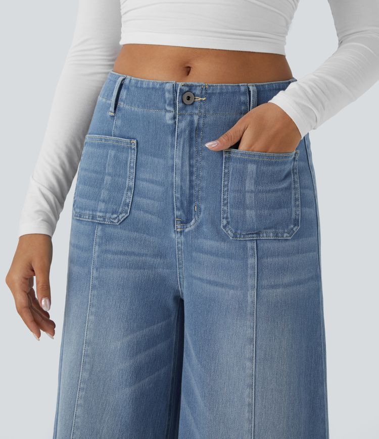 Halara Flex™ srednje visoke oprane casual kavbojke z zadrgo in širokim krojem