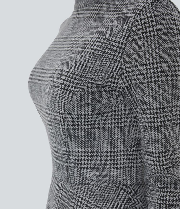 Stand Collar Zipper Long Sleeve Flare Midi Houndstooth Plaid Work Dress