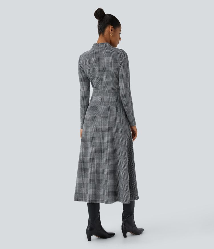 Stand Collar Zipper Long Sleeve Flare Midi Houndstooth Plaid Work Dress