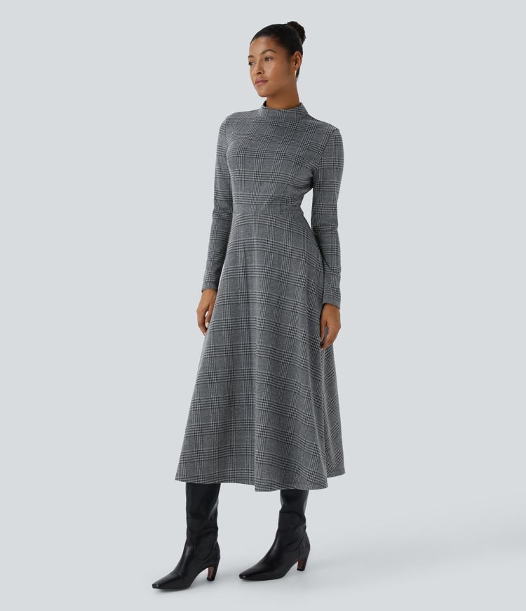 Stand Collar Zipper Long Sleeve Flare Midi Houndstooth Plaid Work Dress