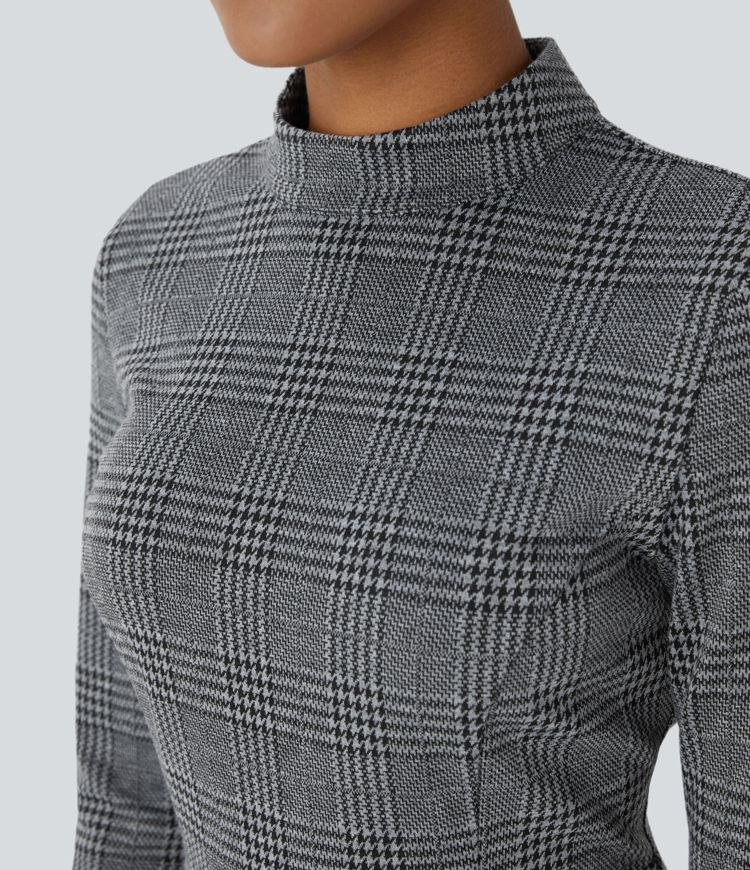 Stand Collar Zipper Long Sleeve Flare Midi Houndstooth Plaid Work Dress