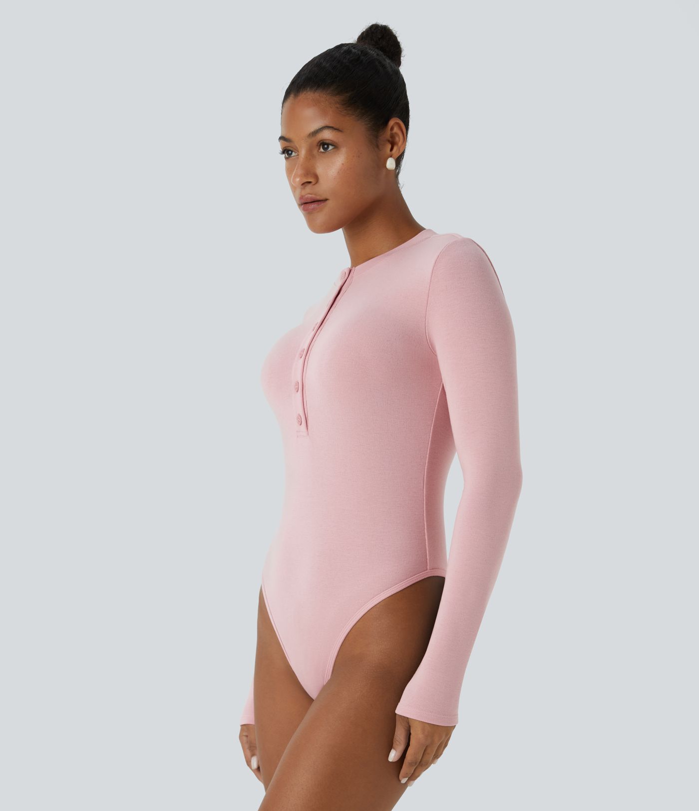 ラウンドネック ボタン 長袖 スキニー サーマル ワーク ボディスーツ