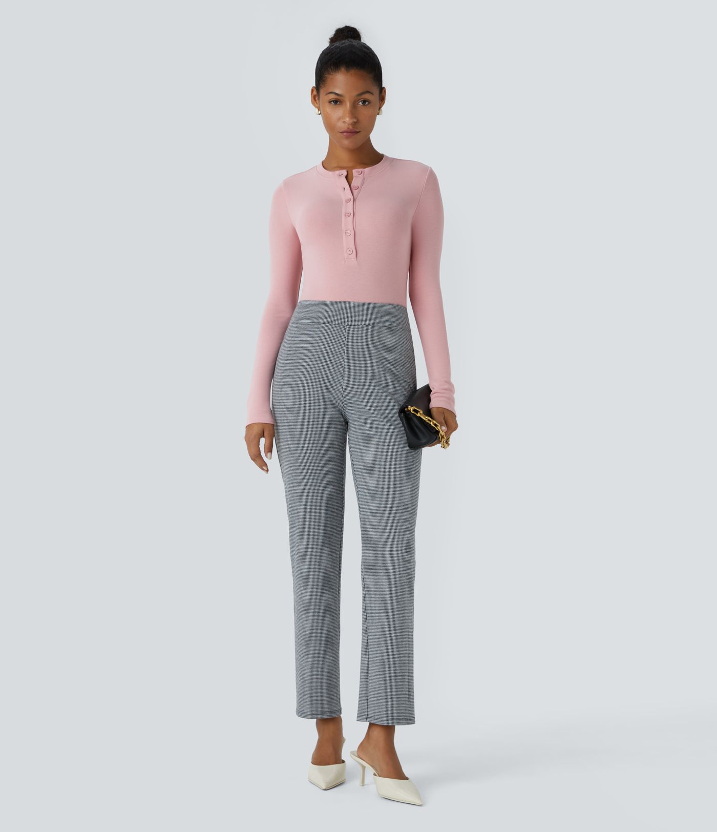 ラウンドネック ボタン 長袖 スキニー サーマル ワーク ボディスーツ