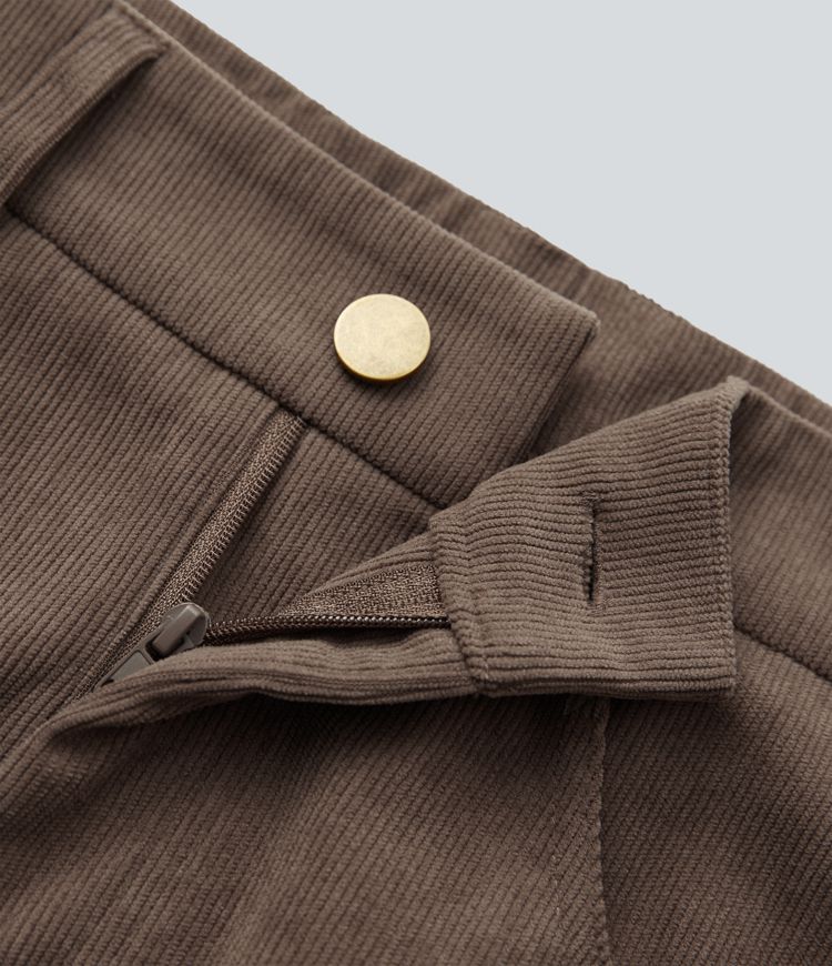 Pantalon décontracté en velours côtelé à taille moyenne, jambes bouffantes longueur cheville, poches multiples et fermeture zippée