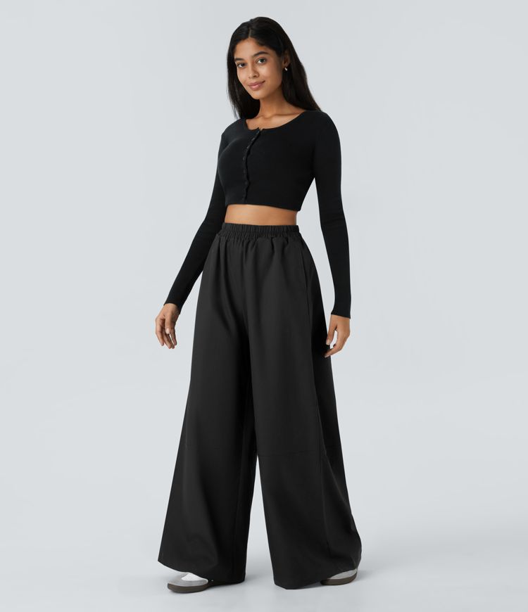 Water-repellent treatment, abrasion resistance, high waist, side pockets, wide leg, casual pants