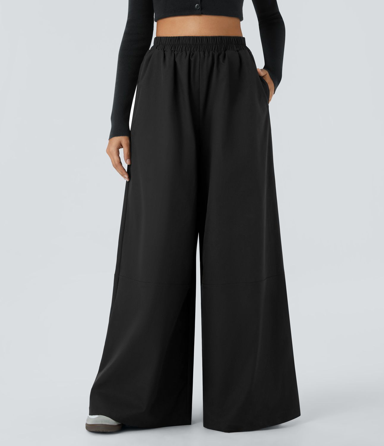 Water-repellent treatment, abrasion resistance, high waist, side pockets, wide leg, casual pants