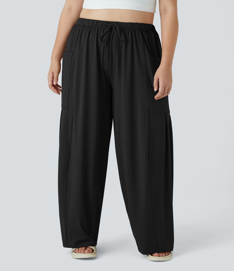 Mid Rise Elastic Waistband Drawstring Side Pocket Palazzo Flowy Wide Leg Casual Plus Size Pants
