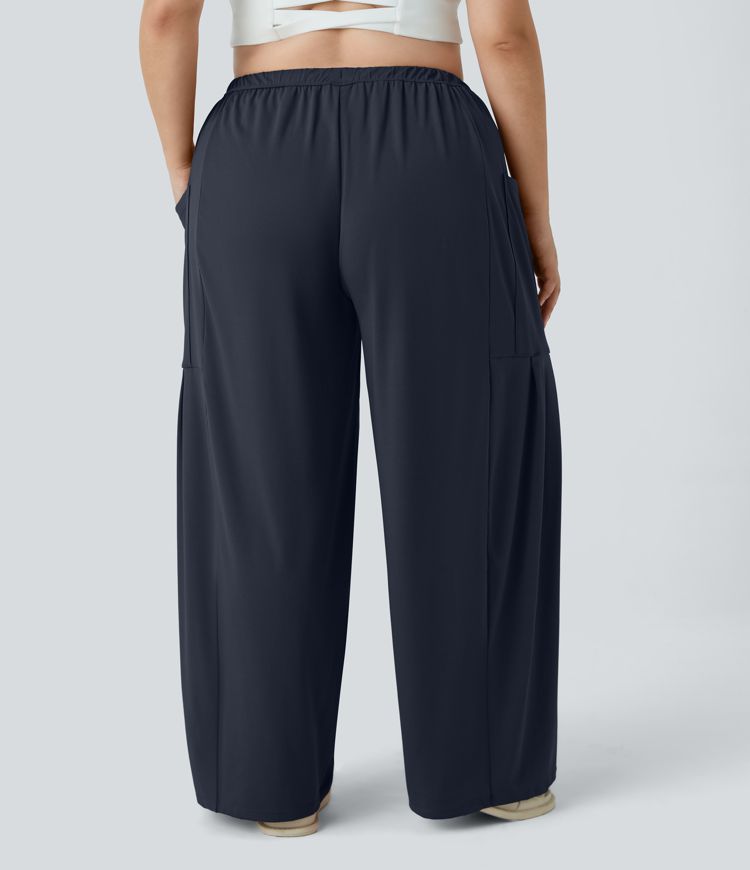 Mid Rise Elastic Waistband Drawstring Side Pocket Palazzo Flowy Wide Leg Casual Plus Size Pants