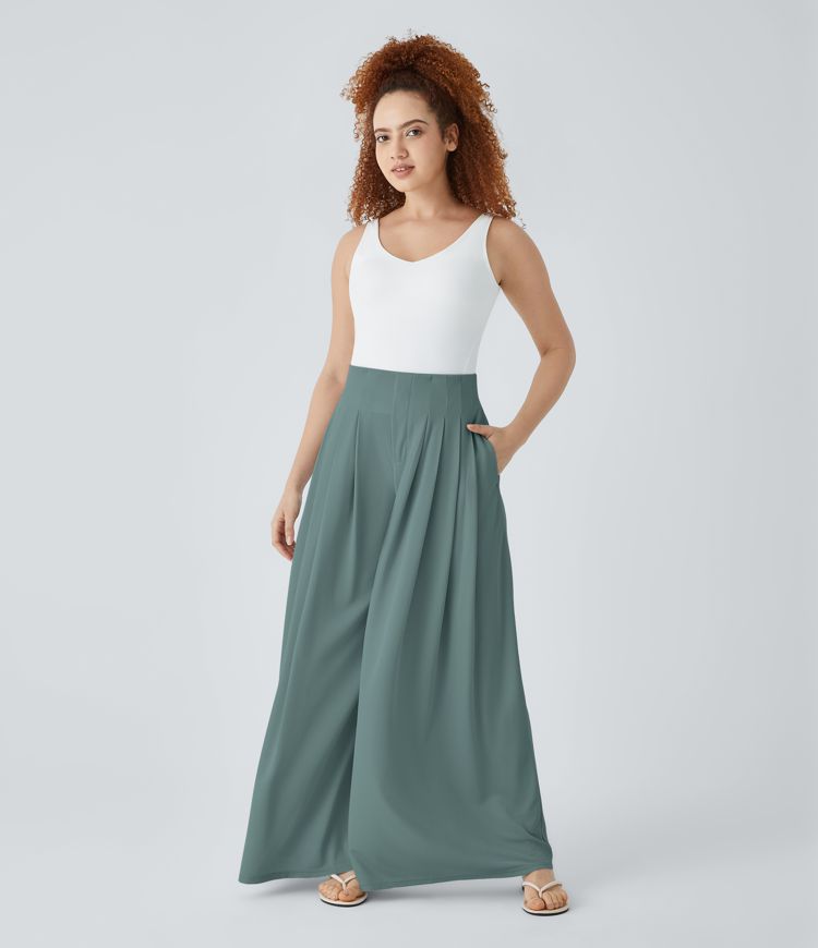 Pantalon décontracté palazzo en maille gaufrée, fluide, large, plissé, taille haute, avec poches