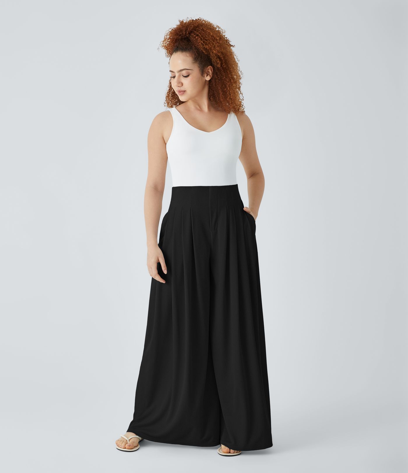 High Waisted Pleated Pocket Flowy Wide Leg Palazzo Waffle Casual Pants