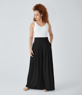 High Waisted Pleated Pocket Flowy Wide Leg Palazzo Waffle Casual Pants