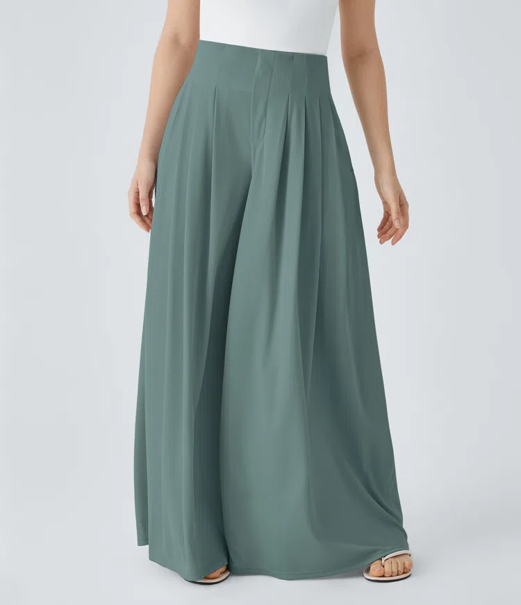 High Waisted Pleated Side Pocket Flowy Wide Leg Palazzo Waffle Casual Pants