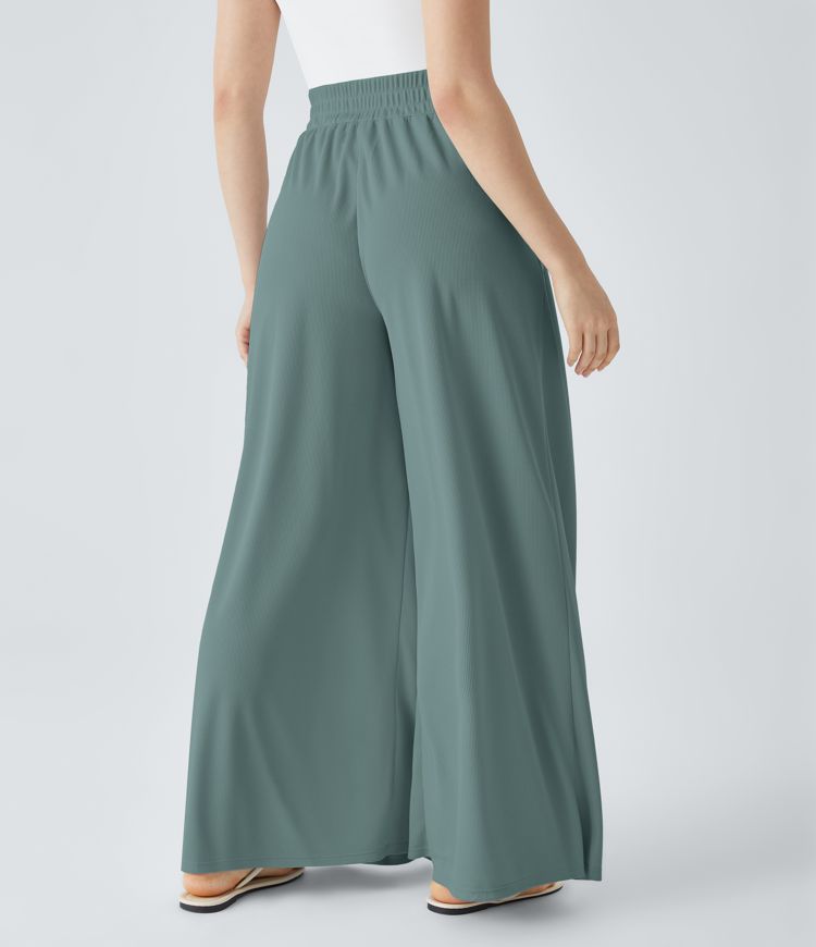 Pantalon décontracté palazzo en maille gaufrée, fluide, large, plissé, taille haute, avec poches