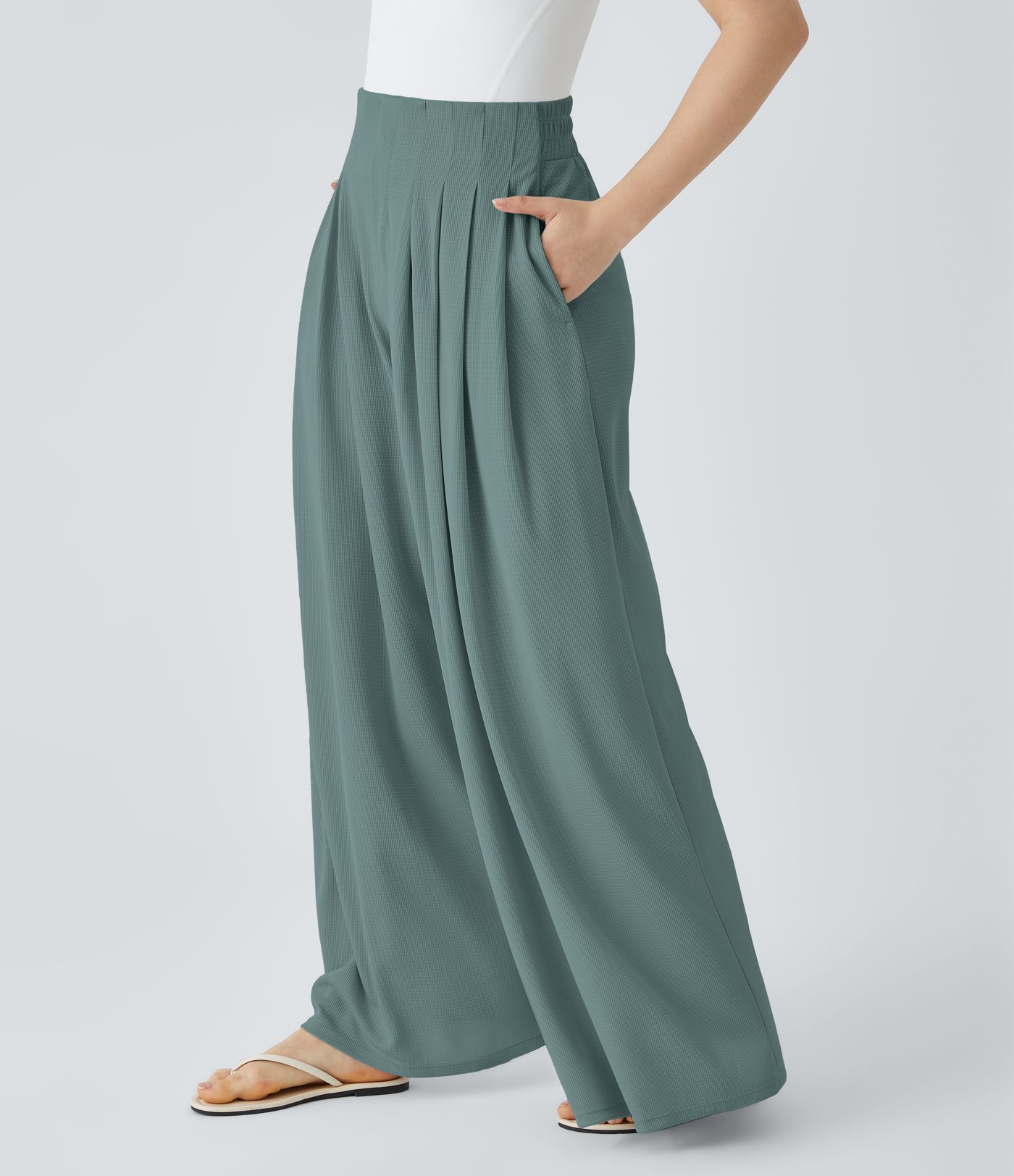 Pantalon décontracté palazzo en maille gaufrée, fluide, large, plissé, taille haute, avec poches