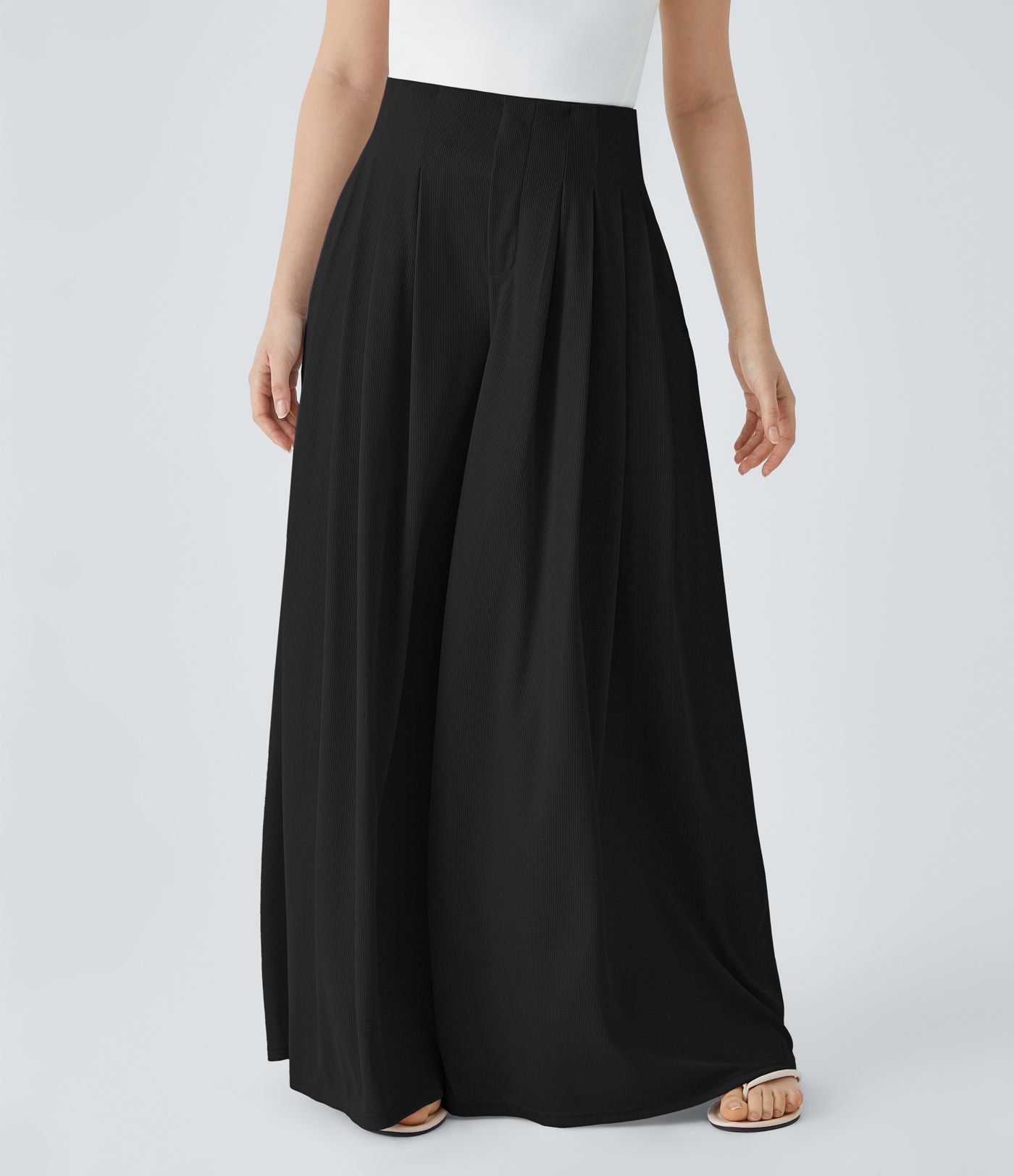 High Waisted Pleated Pocket Flowy Wide Leg Palazzo Waffle Casual Pants