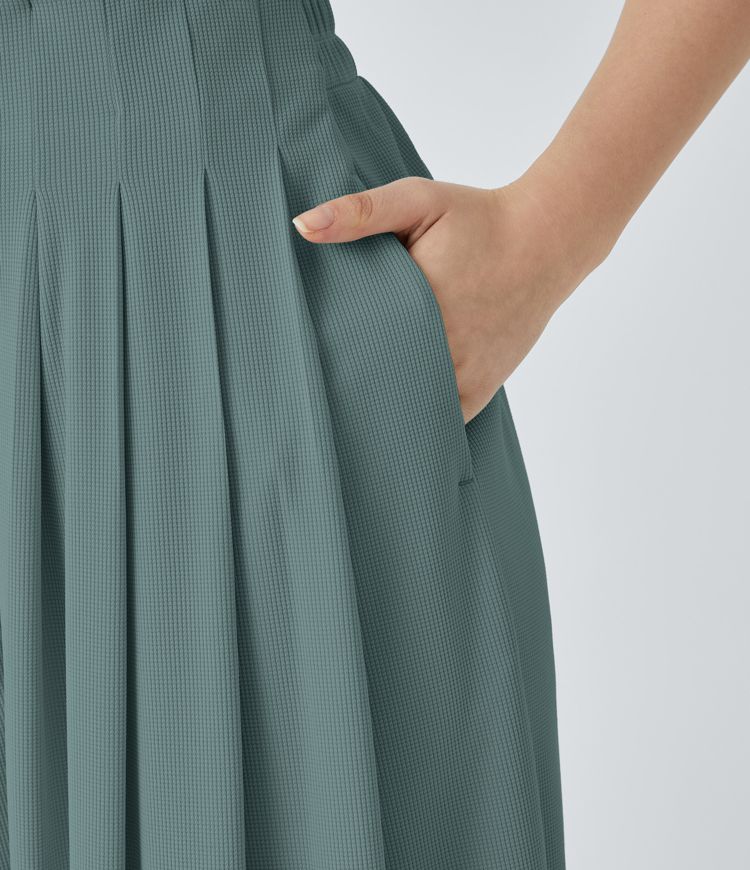 Pantalon décontracté palazzo en maille gaufrée, fluide, large, plissé, taille haute, avec poches