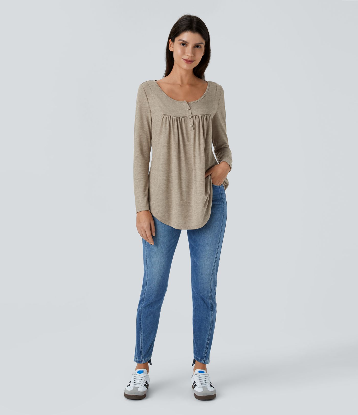 Round Neck Button Pleated Long Sleeve Curved Hem Casual Top