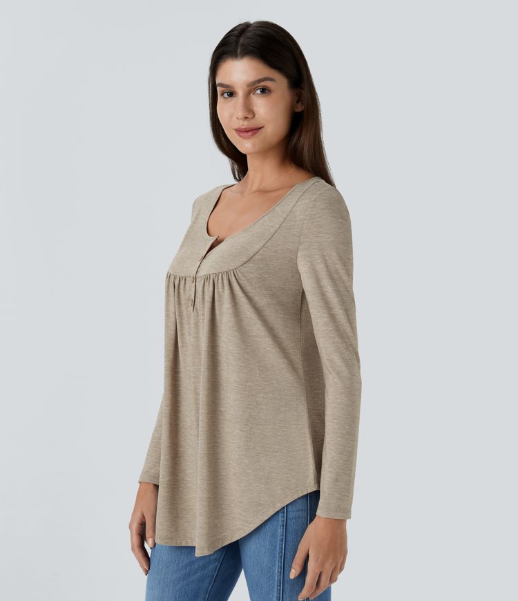 Round Neck Button Pleated Long Sleeve Curved Hem Casual Top