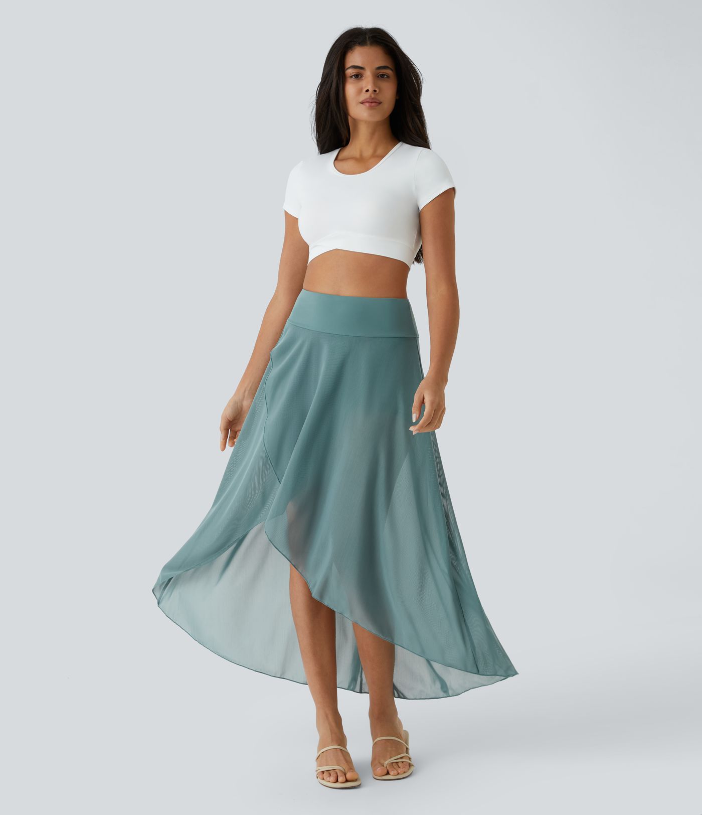 Falda larga regular malla acampanada bolsillo lateral 2 en 1 volante alto bajo tiro alto