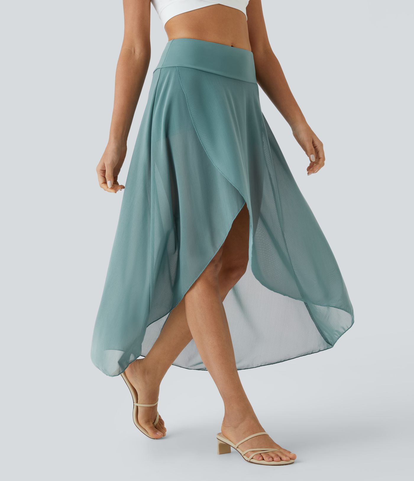 High Waisted High Low Ruffle 2-in-1 Pocket Flare Mesh Casual Regular Maxi Skirt