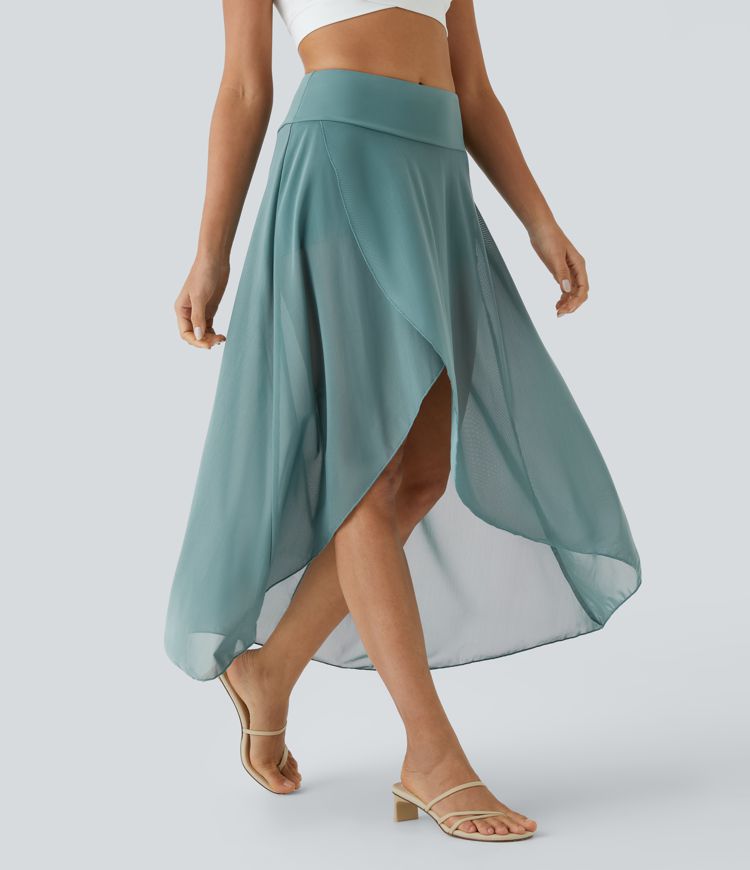 High Waisted High Low Ruffle 2-in-1 Pocket Flare Mesh Casual Regular Maxi Skirt